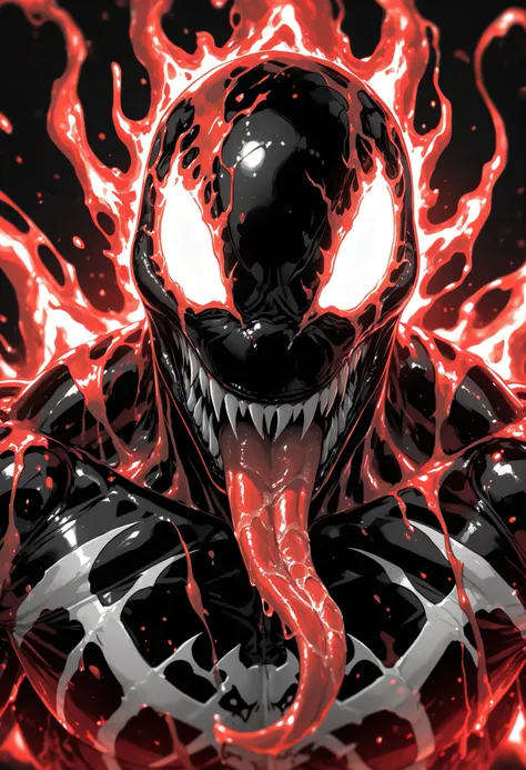 Masterpiece,The best quality,newer,absurdres,highres,monochrome,logo on black background,Red scale,grayscale,vivid colors,Venom,Red Symbiote,macabre smile,Long and salaibous tongue,muscular,
