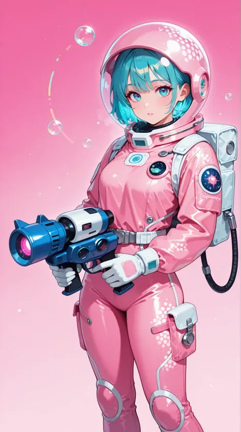 A vibrant, stylized illustration of a pin-up girl astronaut, featuring turquoise hair, a bubble helmet, a form-fitting space suit with a speckled pattern, holding a futuristic blaster; rendered in a retro, pastel-toned style with lush details and a soft, g...