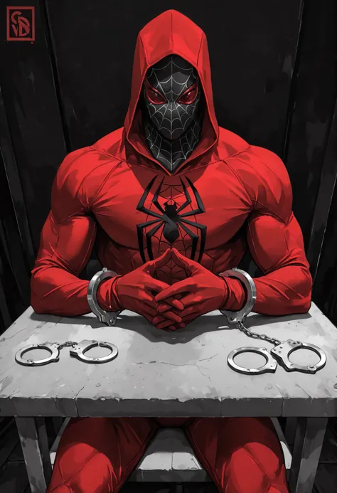 Masterpiece,The best quality,newer,absurdres,highres,monochrome,logo on black background,Red scale,grayscale,vivid colors,spiderman,Sitting,red and blue super hero costume,super detallado,interrogation room,table, handcuffs on the wrists,Incarcerated,hands...