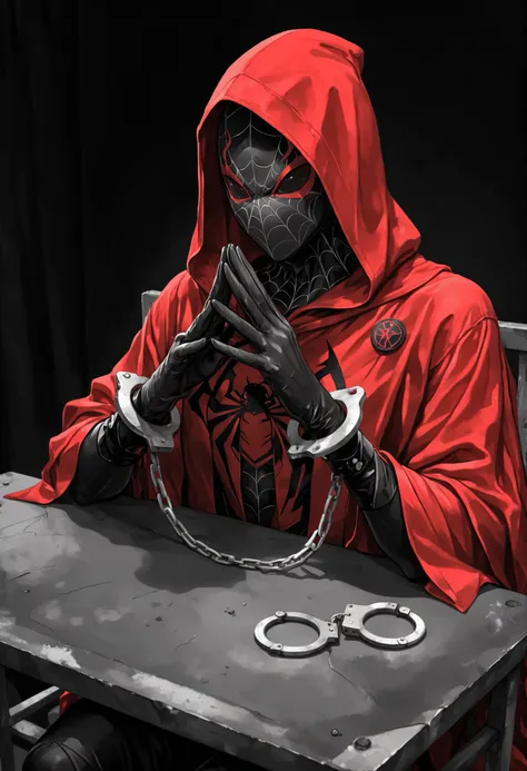 Masterpiece,The best quality,newer,absurdres,highres,monochrome,logo on black background,Red scale,grayscale,vivid colors,spiderman,Sitting,red and blue super hero costume,super detallado,interrogation room,table, handcuffs on the wrists,Incarcerated,hands...