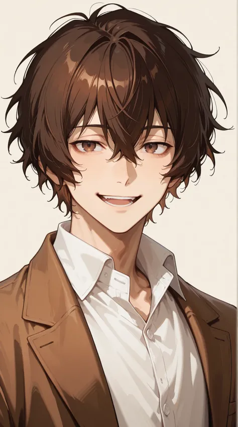 adult male, handsome, tall, Dazai\(bungou stray dogs\), 1boy, brown jacket, brown eyes, collared shirt,short messy hair, looking at viewer, male focus, open mouth, beige background, brown hair, simple background, smile, solo, upper body,white shirt, ultra-...