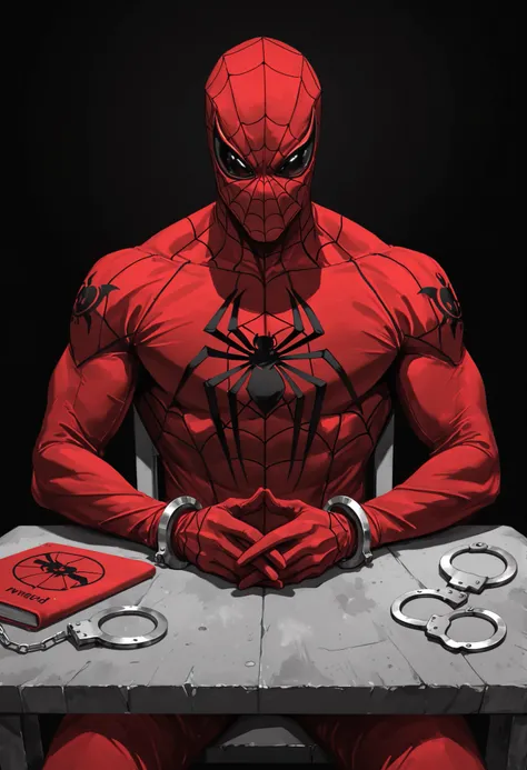 Masterpiece,The best quality,newer,absurdres,highres,monochrome,logo on black background,Red scale,grayscale,vivid colors,spiderman,Sitting,red and blue super hero costume,super detallado,interrogation room,table, handcuffs on the wrists,Incarcerated,hands...