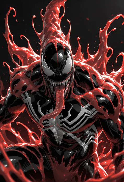 Masterpiece,The best quality,newer,absurdres,highres,monochrome,logo on black background,Red scale,grayscale,vivid colors,Venom,Red Symbiote,macabre smile,Long and salaibous tongue,muscular,