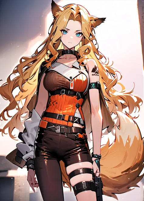 solo, 1girl, brigid (arknights),blonde hair,hair intakes,very long hair,gradient hair,blue eyes,dog ears,dog tail,medium breasts,shoulder tattoo,leg tattoo, yellow hairband,collar,brown crop top,hood,hood down,single elbow glove,brown cape,belt,thigh strap...
