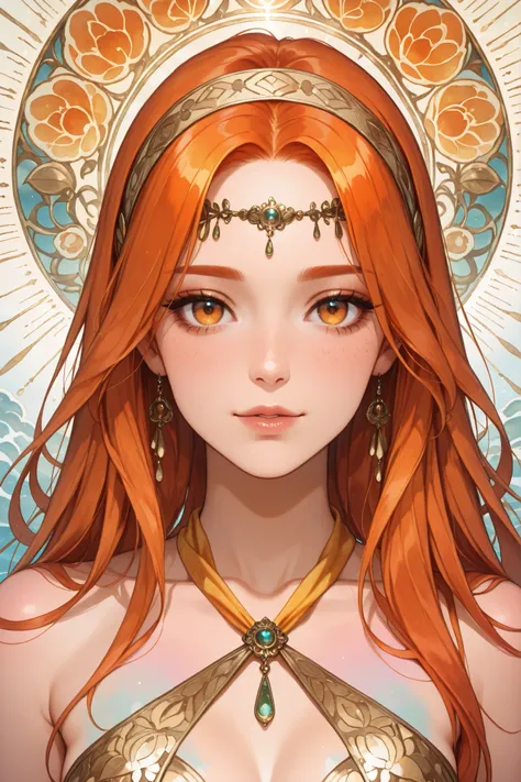 A vibrant, stylized portrait of a woman with long, flowing, warm-orange hair, wearing a yellow floral halter top and a patterned headband. The style is reminiscent of 1970s fashion illustration, featuring a soft, smooth aesthetic with bold outlines and a l...