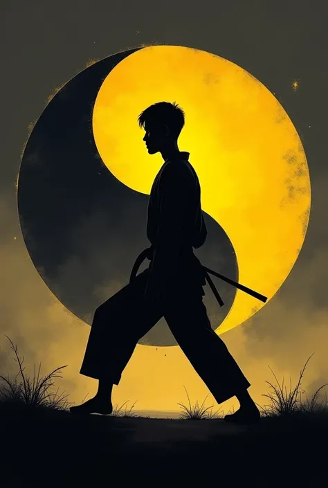 Make me a graphic : A shadow of a taekwondo fighter in the foreground, Who steps straight up. In the background is a yin yang symbol in black and yellow