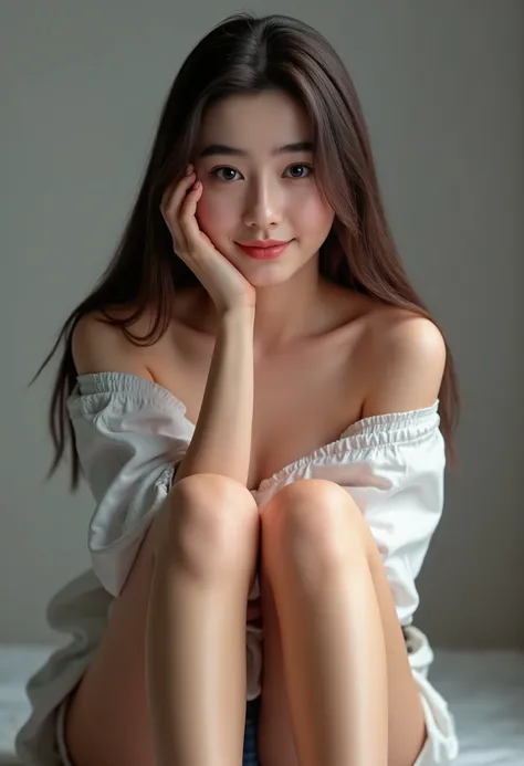 pretty girl, smile, no make up, dark circles, full body shot from the front, off shoulder mini one-piece pajamas please,   Bend Your Knees, widens legs, pose with legs crossed, and sit down staring at me,  Slender Naked Legs, , has a monotone background, s...