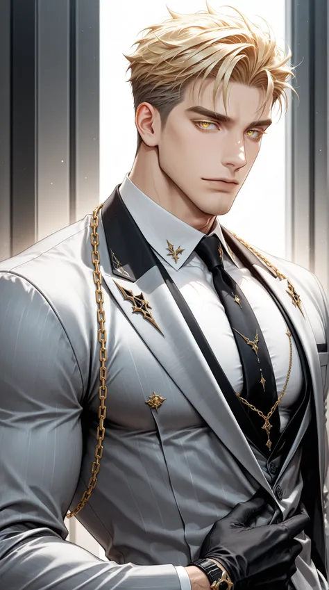 adult male, handsome, tall, Sung Hyunjae, ash-blonde hair, expressive yellow eyes, blonde eyelashes, The S-Classes That I Raised, solo, a sexy man holding a golden chain, handsome, sensual, gray suit, black necktie, white shirt, black gloves, ,, ultra-deta...
