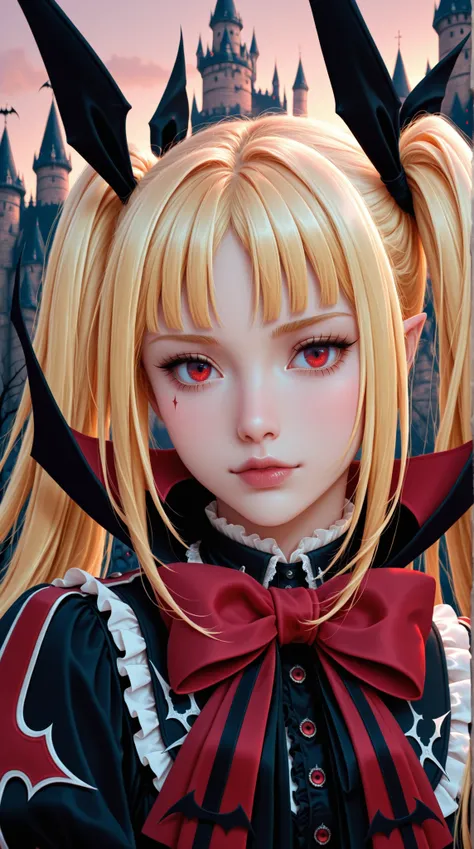 portrait of a,vampire, Rachael Alucard, red eyes, bow, ribbon, gothic ta fashion, dress, frills, blonde hair, twin-tails long hair, castle background,Golden Hour
