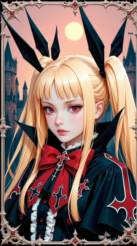 portrait of a,vampire, Rachael Alucard, red eyes, bow, ribbon, gothic ta fashion, dress, frills, blonde hair, twin-tails long hair, castle background,Golden Hour
