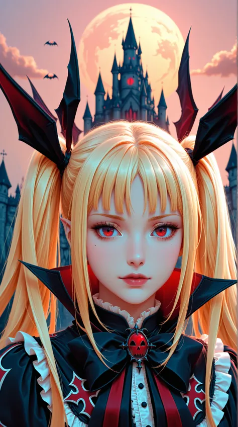 portrait of a,vampire, Rachael Alucard, red eyes, bow, ribbon, gothic ta fashion, dress, frills, blonde hair, twin-tails long hair, castle background,Golden Hour