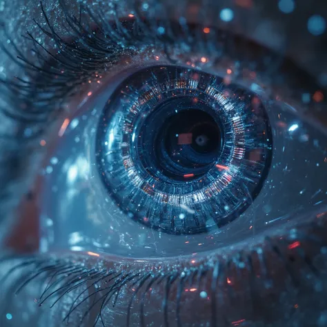 A close-up of a transparent cybernetic eye, revealing intricate internal mechanisms — glowing microcircuits, tiny servo motors, and fiber optic strands beneath the glassy surface, the outer shell made of transparent high-tech material with subtle reflectio...