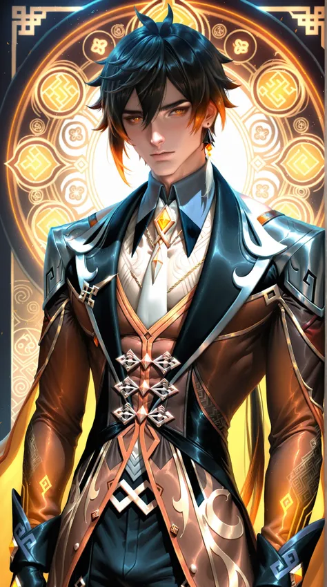 (Sakimichan:0.7), 1boy,male,Zhongli(Genshin Impact), black hair with orange tips, expressive yellow eyes,lack clothes with accessories, jewelry, ornate patterns, semi-realism,masterpiece, best quality,absurdres