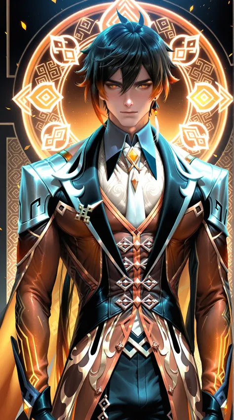 (Sakimichan:0.7), 1boy,male,Zhongli(Genshin Impact), black hair with orange tips, expressive yellow eyes,lack clothes with accessories, jewelry, ornate patterns, semi-realism,masterpiece, best quality,absurdres