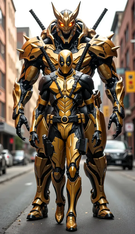 AI Prompt:
Deadpool wears a gleaming gold version of his classic suit, combining matte and metallic gold fabrics with black tactical accents on gloves, boots, and utility straps. His chest bears a polished gold Deadpool emblem, and the armor texture featu...