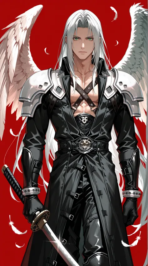 adult male, handsome, tall, sephiroth, armor, black coat, black gloves, chest strap, coat, falling feathers, feathered wings, feathers, gleam, gloves, green eyes, holding, holding sword, holding weapon, katana, long bangs, long coat, long hair, looking at ...