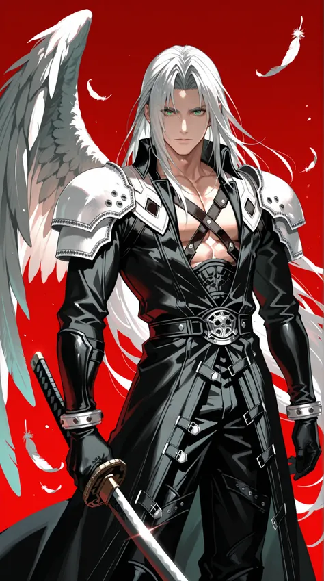 adult male, handsome, tall, sephiroth, armor, black coat, black gloves, chest strap, coat, falling feathers, feathered wings, feathers, gleam, gloves, green eyes, holding, holding sword, holding weapon, katana, long bangs, long coat, long hair, looking at ...