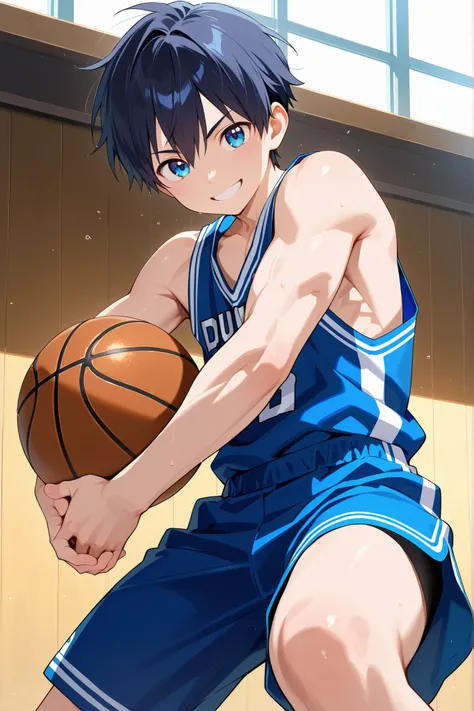 masterpiece, best quality, Ultra High Resolution, anime style, male focus, Basketball match, japanese boy, high school students, Dumping, Dynamic Capture, very handsome, Perfect Face, Cute Face, Clear and beautiful detailed eyes, black short hair, Shiny Ha...