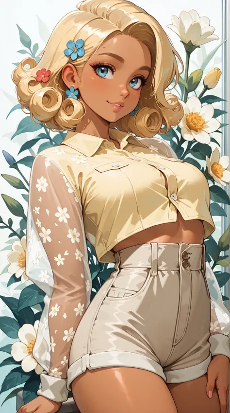 (((Masterpiece))), a top influencer woman, top quality, super detailed, cute and spunky, retro 60's style, fair skin, short curly blonde hair with flower clips, yellow button up crop top transparent floral print sleeves, tan high waist button up shorts, fl...
