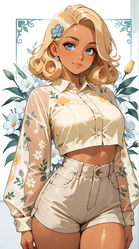 (((Masterpiece))), a top influencer woman, top quality, super detailed, cute and spunky, retro 60's style, fair skin, short curly blonde hair with flower clips, yellow button up crop top transparent floral print sleeves, tan high waist button up shorts, fl...