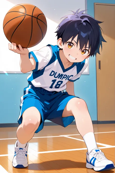 masterpiece, best quality, Ultra High Resolution, anime style, male focus, Basketball match, japanese boy, high school students, Dumping, Dynamic Capture, very handsome, Perfect Face, Cute Face, Clear and beautiful detailed eyes, black short hair, Shiny Ha...