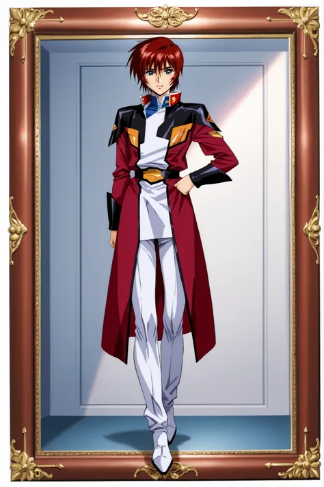 Create me a picture of boy ager with dark red hair with blue eyes full body post , based on gundam seed destiny animation and based on shinn asuka face