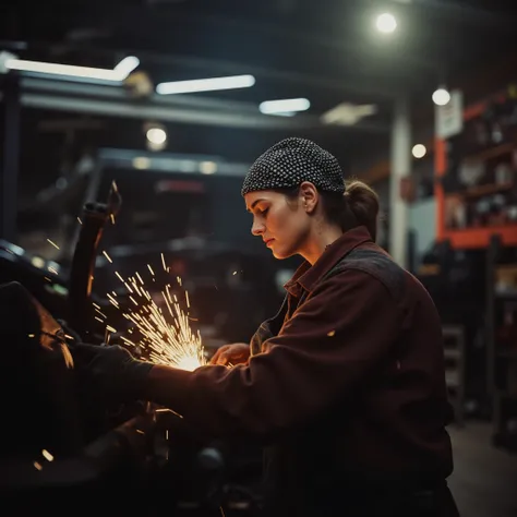 8K ultra-detailed, female mechanic portrait, back turned, auto repair shop, vibrant workshop, selective focus, shallow depth of field, workwear fashion, cinematic lighting, industrial textures, documentary style, golden hour light, grease-stained tools, b...