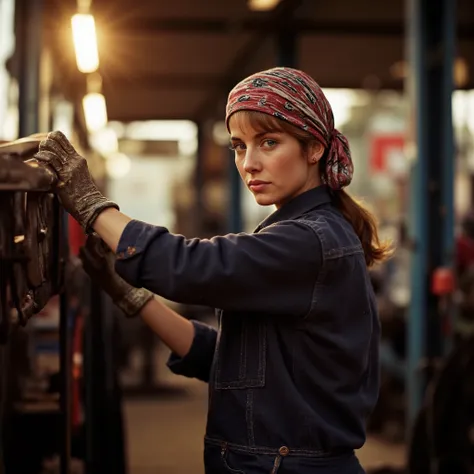 8K ultra-detailed, female mechanic portrait, back turned, auto repair shop, vibrant workshop, selective focus, shallow depth of field, workwear fashion, cinematic lighting, industrial textures, documentary style, golden hour light, grease-stained tools, b...