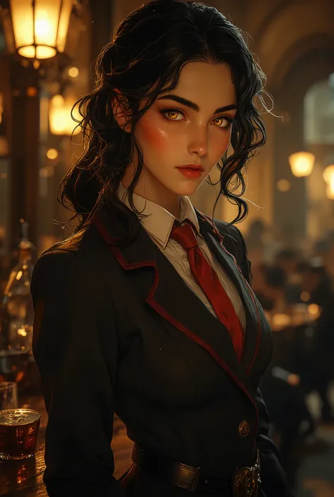 25 years barmen girl. She stands at 5'10" with a tall, totem, and athletically lean figure that balance strength and femininity. Her raven-black hair cascades down her back in loose waves, accented by bold red streaks. She usually ties it into a low ponyta...