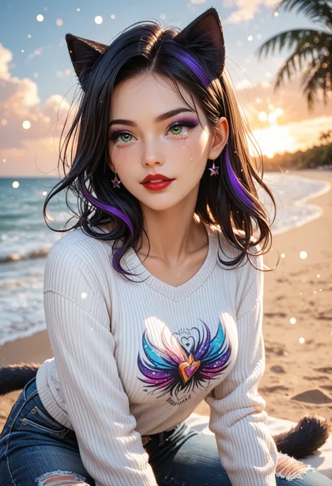 ultra detailed beautiful French woman sit on beach, looking at the sky, supernova in sky, tears on cheeks BREAK wearing casual sweater and denim jeans,BREAK (cat ears and tail),stunningly beautiful, stylish dark hair with purple streaks, green eyes, (red l...