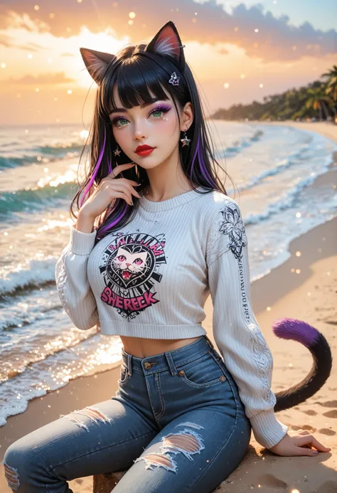 ultra detailed beautiful French woman sit on beach, looking at the sky, supernova in sky, tears on cheeks BREAK wearing casual sweater and denim jeans,BREAK (cat ears and tail),stunningly beautiful, stylish dark hair with purple streaks, green eyes, (red l...