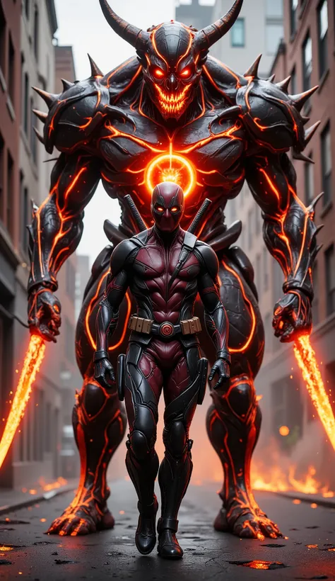 AI Prompt:
Deadpool wears a lava-themed suit, combining cracked obsidian black armor with glowing molten red-orange veins running through the surface like flowing magma. His mask is split with fiery lines, and his chest bears a Deadpool emblem forged from...
