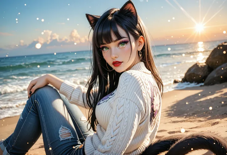 ultra detailed beautiful French woman sitting on beach, ((looking at the sky)), don't look at the viewer, supernova in sky, (tears on cheeks) BREAK wearing casual sweater and denim jeans,BREAK (cat ears and tail),stunningly beautiful, stylish dark hair wit...