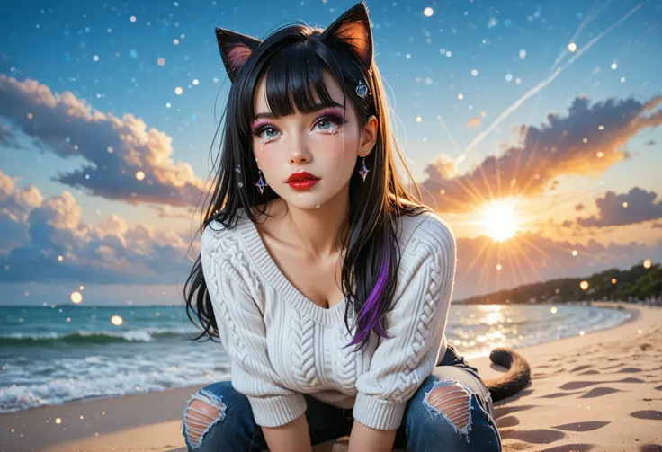 ultra detailed beautiful French woman sitting on beach, ((looking at the sky)), don't look at the viewer, supernova in sky, (tears on cheeks) BREAK wearing casual sweater and denim jeans,BREAK (cat ears and tail),stunningly beautiful, stylish dark hair wit...
