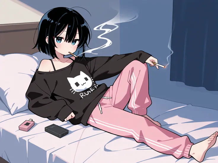 one girl。cute room、about on the bed。Picnic。Unruly bob hair、plain black sweatshirt with open shoulders、 pink sweatpants、Barefoot is pink and zitoida。smoking a cigarette。 has a lighter。I'm lighting a cigarette with a lighter。