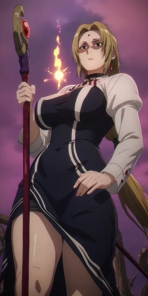 score_9, score_8_up, score_8, score_7_up, bouqtm, Tsunade, blonde hair, long hair, low twintail, forehead mark, parted bangs, brown eyes, huge breast, plump, shiny skin, anatomical correct, 1girl, solo, gloves, breasts, earrings, jewelry, white_gloves, bla...