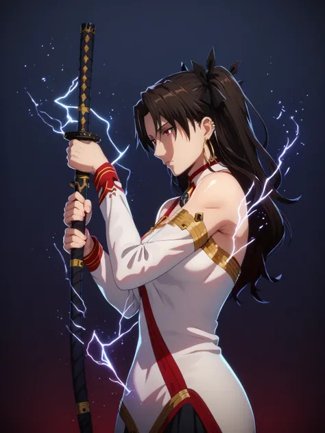score_9, score_8_up, score_8, score_7_up, bouqtm, ishtar_(fate), red_eyes, parted bangs, long_hair, jewelry, earrings, black_hair, armlet, crown, two_side_up, small_breasts, hoop_earrings, ribbon, narrowed eyes, plump, shiny skin, 1girl, weapon, solo, swor...