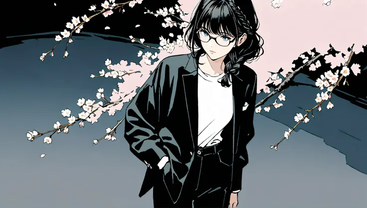 ((alone)),(()),((nuance color)),((cherry blossoms)),expressionless,((black hair braid long hairstyle)),(((black rimmed glasses))),masterpiece, Highest quality, Beautiful attention to detail, Very detailed, In detail, High resolution, ((black suit jacket、、w...
