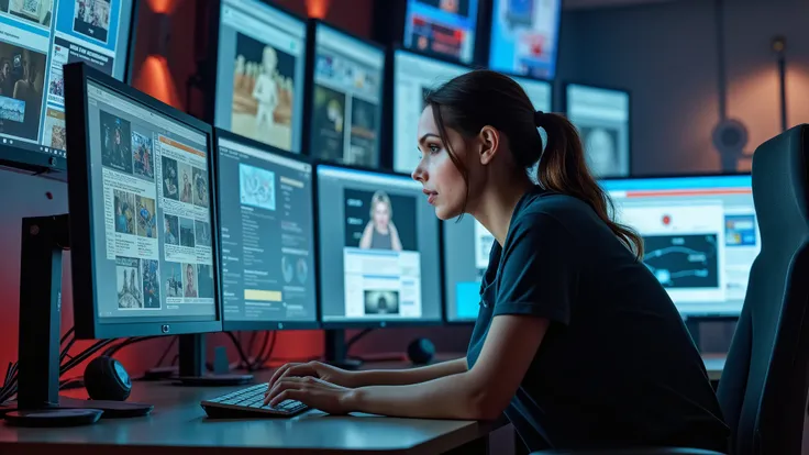 woman working on a computer in a room full of computer screens with news, she is some redactor of news.