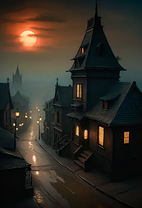 Silent Hill is a damned city. Forgotten, gloomy, terrible shadows in the city. In the style of Ralph Blakelock, Ed Emshwiller, Marianne Wroten, Arthur Rackham. Very beautiful, gouache, cinematic, dark, creepy, mysterious, modern vintage, rich deep colors, ...
