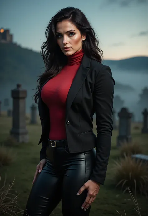 beautiful sensual sexy woman muscular body black wavy long hair blue eyes, white skin, red lips, round face full lips high arched eyebrows thin waist long shapely legs full breasts broad shoulders black leather riding breeches black leather riding boots bl...