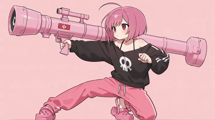 one girl。pink bob hair、plain black sweatshirt with open shoulders、 pink sweatpants。eyes of pink crocs are pink and patchy。pink crocs sandals。I'm holding a pink rocket launcher and trying to launch。The Face of Determination。