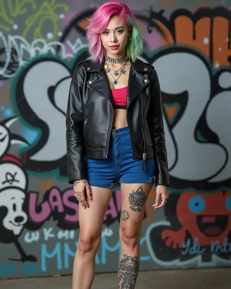 Photograph of an athletic punk woman with colorful hair, wearing a black leather jacket and blue shorts. She has numerous tattoos on her arms and neck, standing in front of a graffiti wall background. Full-body shot, with colorful makeup and black shoes. C...