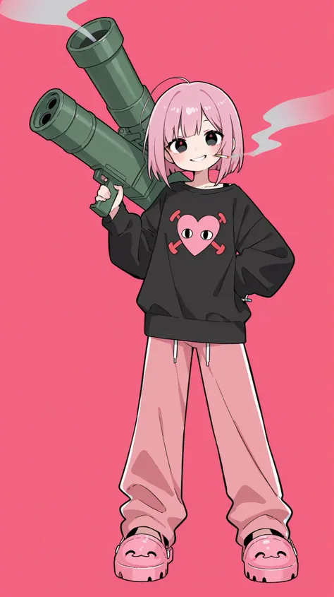 one girl。full body standing picture。pink bob hair、plain black shoulder sweatshirt、 pink sweatpants。The eyes are pink and patchy。pink crocs sandals。Carrying a long pink rocket launcher。smile。smoking a cigarette。 cigarette smoke。