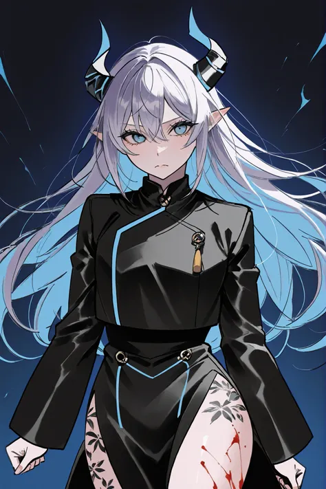 The character in the image presents striking characteristics of an artistic style inspired by dark and supernatural themes. Ela possui:

1. **skin colors:** The skin tone is pale, possibly with a slight glow, which makes it almost ethereal.
  
2. **Cabelo:...