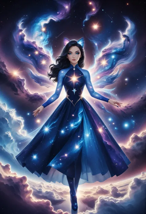 An incomprehensible and spectacular scene from a glowing cloud, A elemental girl,, (Blue fire and dark ice eyes) , 3D, cold colors, (no human),BREAK Non human with ethereal body ((transparent body made with mist) (ghost form), (((stellar goddess very chari...
