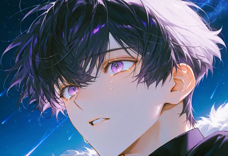 1 boy , [Handsome guy, pretty face , short hair, Fluffy hair,Bangs, purple eyes , close up ,The character in the painting , score _8, face、Hair, Best Quality、surprise、tears、teardrop、Shiny Eyes、Night Sky、meteor、 Shiny hair 、Starlight
