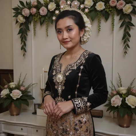 (masterpiece, best quality:1.2), 1girl, black kebaya Javanese Traditional,, with handsom man midbs , wearing black beskap and batik sarong brown white, windblown black fabric, combined with a background of a luxurious decoration of a wedding stage with fl...