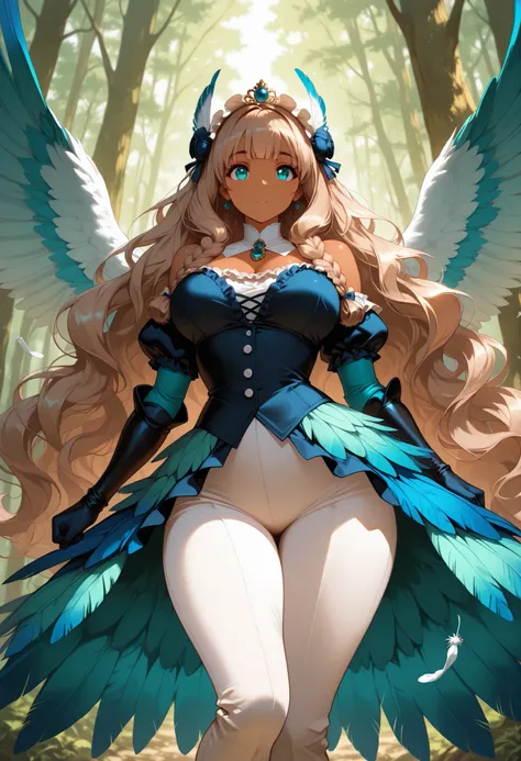8k, score_9, anime style, masterpiece, best quality, woman , brown skin, tanned skin, very long wavy hair, bangs, braided hair hairband , light brown hair, cyan eyes, EyesHD, cyan diadem(bird feathers), busty, curvy body, wide hips, thick thighs, Cyan co...