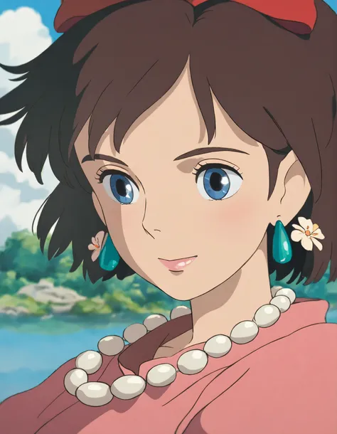 Studio Ghibli, hand-drawn animation style,
masterpiece, high score,
girl, portrait, illustration, brown hair, blue eyes, pink dress, red ribbon, pearl necklace, flower earrings